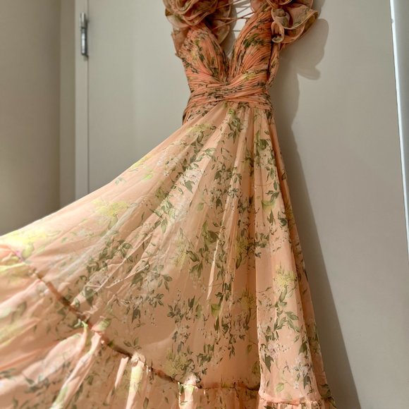 Mac Duggal Leena Ieena Floral Chiffon Ruffle Cut Out Lace Up Back Gown Dress 2 - Picture 6 of 9